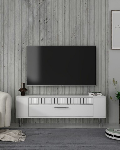 Comoda TV, Olivia, Retrolp1, 120x48 cm, PAL, Alb / Argintiu