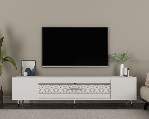 Comoda TV, Olivia, Dekolp2, 150x48 cm, PAL, Alb / Argintiu