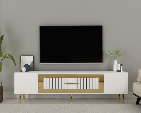 Comoda TV, Olivia, Dekolp3, 150x48 cm, PAL, Alb/Auriu