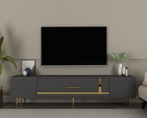 Comoda TV, Olivia, Dekop1, 150x48 cm, PAL, Antracit / Aur