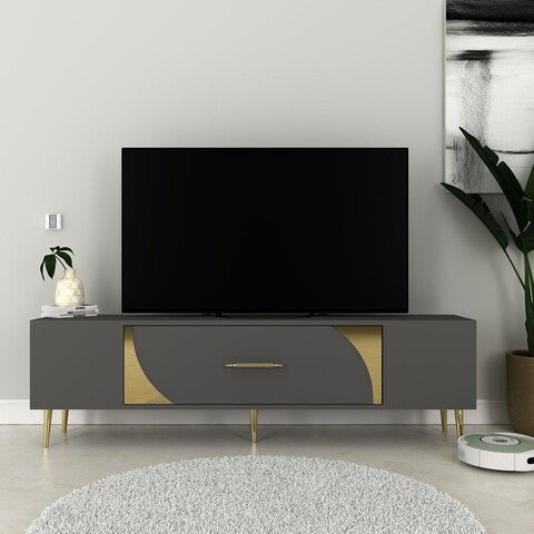Comoda TV, Olivia, Dekop2, 150x48 cm, PAL, Antracit / Aur