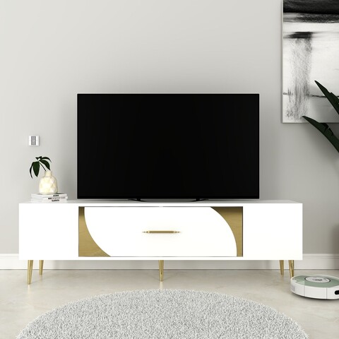 Comoda TV, Olivia, Dekop2, 150x48 cm, PAL, Alb/Auriu