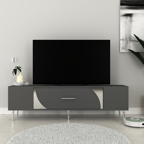 Comoda TV, Olivia, Dekop2, 150x48 cm, PAL, Antracit / Argintiu