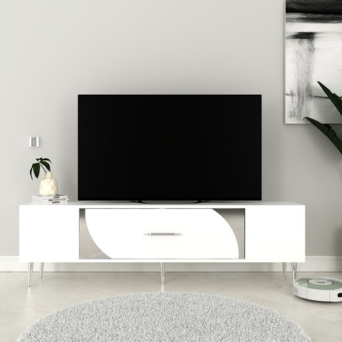Comoda TV, Olivia, Dekop2, 150x48 cm, PAL, Alb / Argintiu