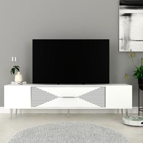 Comoda TV, Olivia, Dekol1, 150x48 cm, PAL, Alb / Argintiu