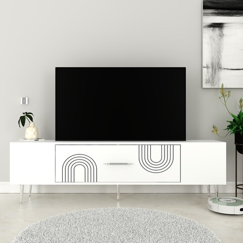 Comoda TV, Olivia, Dekol2, 150x48 cm, PAL, Alb / Argintiu