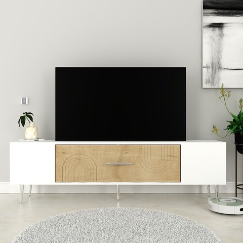 Comoda TV, Olivia, Dekol2, 150x48 cm, PAL, Stejar Safir / Alb / Argintiu