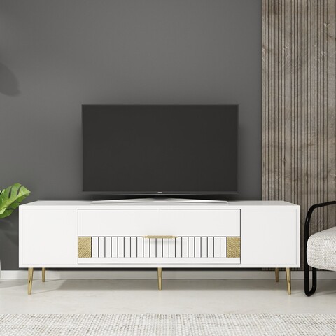 Comoda TV, Olivia, Dekolp4, 150x48 cm, PAL, Alb/Auriu