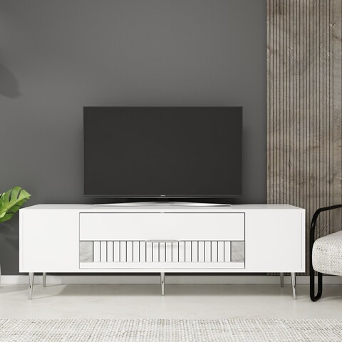 Comoda TV, Olivia, Dekolp4, 150x48 cm, PAL, Alb / Argintiu