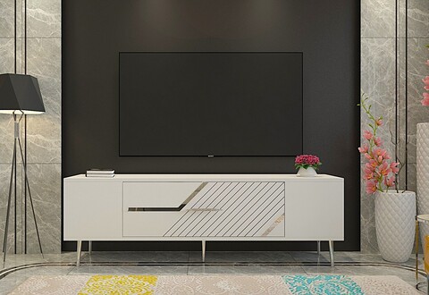 Comoda TV, Olivia, Dekolp5, 150x48 cm, PAL, Alb / Argintiu