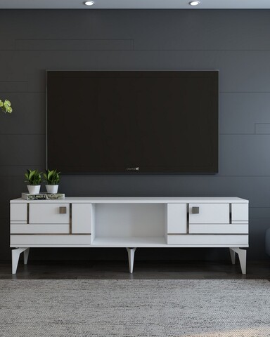 Comoda TV, Olivia, Madera, 150x44 cm, PAL , Alb / Argintiu