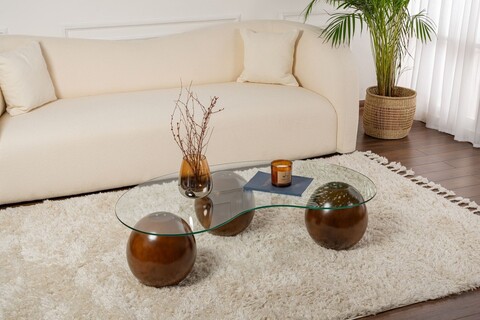 Masuta de cafea, Cerritos, Sphere, 120x30x70 cm, Sticla temperata, Nuc / Transparent