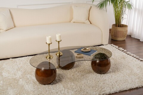 Masuta de cafea, Cerritos, Sphere, 120x30x70 cm, Sticla temperata, Nuc / Bronz