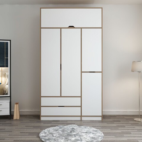 Dulap pentru haine, Minerva, Elina, 140x253x52 cm, PAL, Alb / Dore