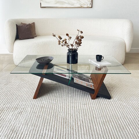 Masuta de cafea, Neostill, Livello, 105x31x65 cm, Sticla temperata, Negru / Castaniu