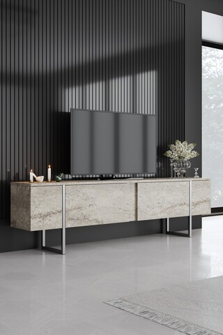 Comoda TV, Bexley, Luxe, 180x30x50 cm, PAL, Travertin / Argint
