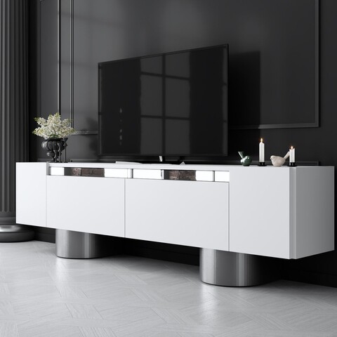 Comoda TV, Bexley, Bohem, 180x50x30 cm, PAL, Alb / Argintiu