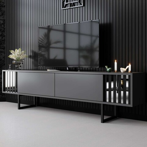 Comoda TV, Bexley, Chrome Line, 180x30x48 cm, PAL, Antracit / Negru