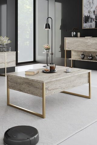 Masuta de cafea, Bexley, Luxe, 90x60x40 cm, PAL, Travertin / Auriu