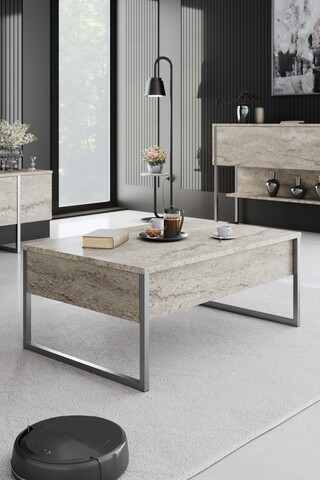 Masuta de cafea, Bexley, Luxe, 90x60x40 cm, PAL, Travertin / Argint