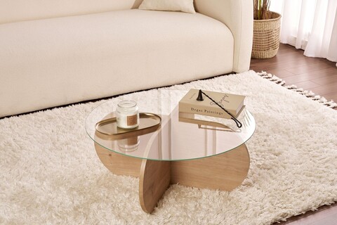 Masuta de cafea, Nordure, Aeris, 75x35x75 cm, Sticla temperata , Stejar Safir / Transparent