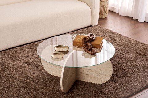 Masuta de cafea, Nordure, Aeris, 75x35x75 cm, Sticla temperata , Travertin / Transparent