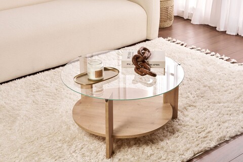 Masuta de cafea, Nordure, Clara, 75x40x75 cm, Sticla temperata , Stejar Safir / Transparent