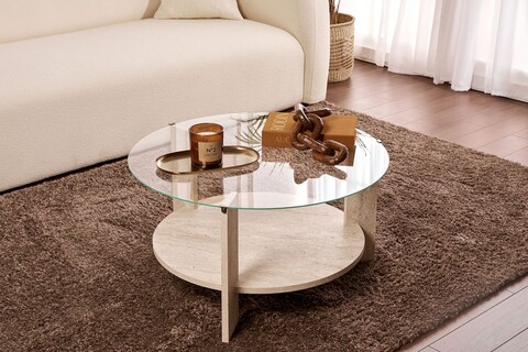 Masuta de cafea, Nordure, Clara, 75x40x75 cm, Sticla temperata , Travertin / Transparent