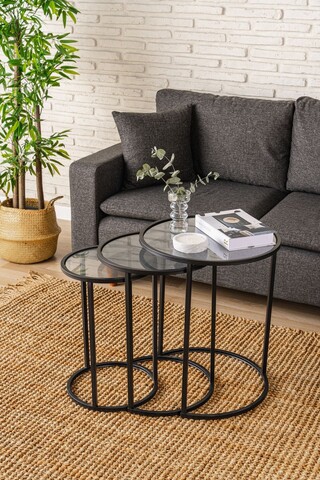 Set masute 3 piese, Caliente, Alya, Sticla temperata, Negru/Transparent