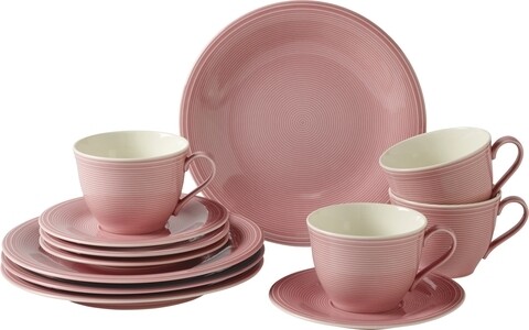 12 darabos kávéskészlet, mint a Villeroy & Boch, Color Loop Rose, prémium porcelán, rózsaszín