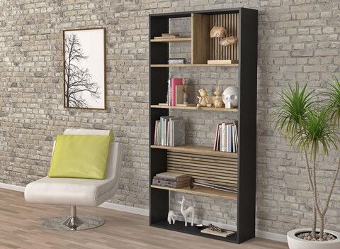 Corp biblioteca, Cordelia, FRN-9013, 90x180x25 cm, PAL, Lemn / Negru / Pin Atlantic