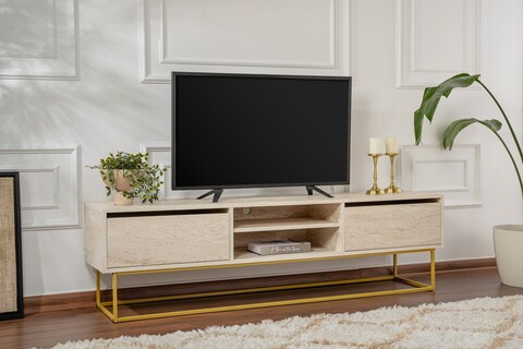 Comoda TV, Kalune Design, Escape 180, 180x50x40 cm, PAL, Travertin / Auriu