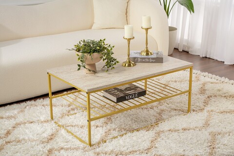 Masuta de cafea, Kalune Design, Asude, 95x42x55 cm, PAL, Travertin / Auriu