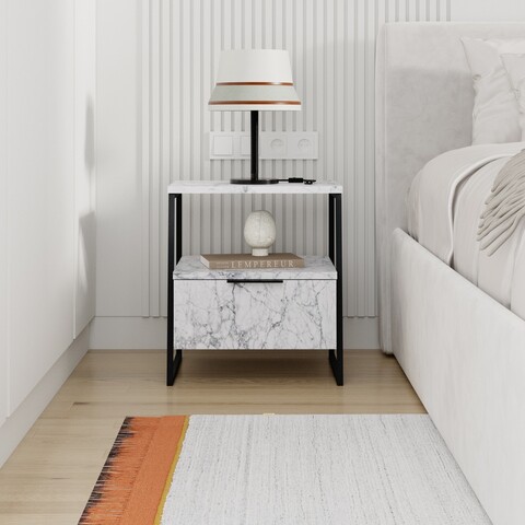 Noptiera, Decortie, Pal, 45x50x40 cm, PAL, Marmura Carrara