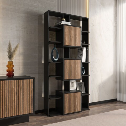 Corp biblioteca, Zena Home, Monaco, 85x176x20 cm, PAL, Negru / Nuc deschis