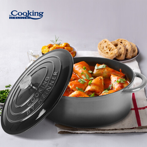 Semioala ovala cu capac Marble Grey, Cooking by Heinner, 33x26.5x11.5 cm, fonta emailata, gri