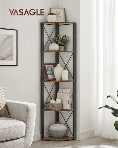 Corp biblioteca de colt cu 5 rafturi, Vasagle, 30x30x160 cm, PAL/otel, maro rustic