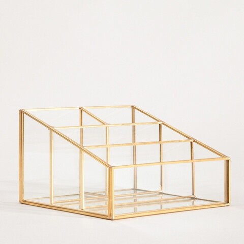 Organizator pentru cosmetice Grazia, Homla, 16x16x10 cm, sticla/metal, transparent/auriu
