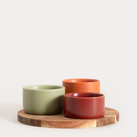 Set 3 boluri si suport Yifan, Homla, 23 cm, lemn/ceramica, multicolor