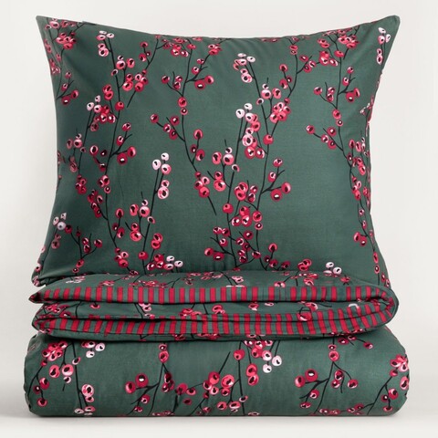 Lenjerie de pat dubla Hollyberry, Homla, 3 piese, 160x200 cm, bumbac, verde/rosu