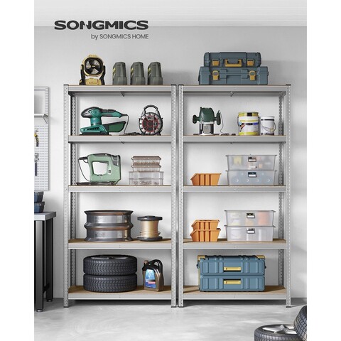 Set 2 rafturi modulare pentru depozitare, Songmics, max 600 kg, 100x50x200 cm, MDF/otel, argintiu