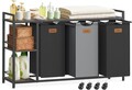Cos de rufe cu 3 compartimente, rafturi si roti, Vasagle, 150 L, 117x33x80.5 cm, otel/PAL/tesatura Oxford, negru/gri