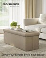Bancheta cu spatiu de depozitare Mazi, Songmics, 110x38x38 cm, max 300 kg, MDF/imitatie de in, maro camel
