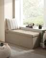 Bancheta cu spatiu de depozitare Mazi, Songmics, 110x38x38 cm, max 300 kg, MDF/imitatie de in, maro camel