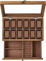 Cutie pentru ceasuri cu 2 niveluri, Songmics, 12 compartimente, 34x19x12.5 cm, lemn de paulownia/MDF, maro