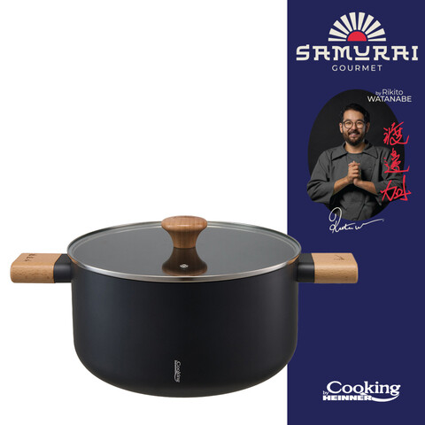 Oala cu capac, Samurai Gourmet by Rikito Watanabe si Cooking by Heinner, 24x12.5 cm, 5.3 L, aluminiu, negru/natur