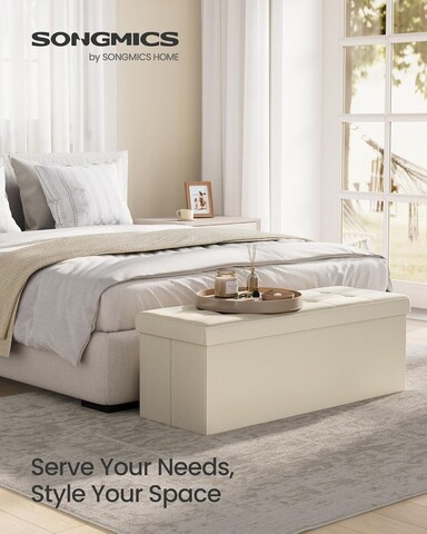Bancheta cu spatiu depozitare, Mazie, Songmics, 110x38x38 cm, MDF/imitatie in, crem