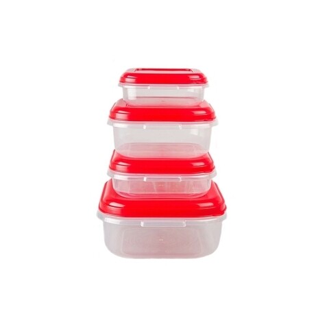 Set 4 cutii alimentare patrate, 0.4 + 0.8 + 1 + 2 L, plastic, rosu