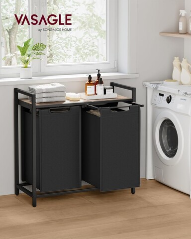 Cos de rufe cu 2 compartimente si raft, Vasagle, 73x33x72 cm, 2 x 46 L, MDF/otel/tesatura Oxford, negru