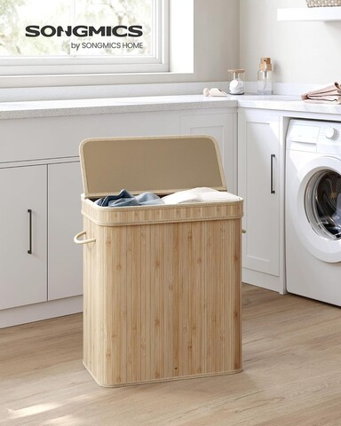 Cos de rufe Bamboo, Songmics, 54.5x34.5x61 cm, 100 L, bambus/MDF, bej